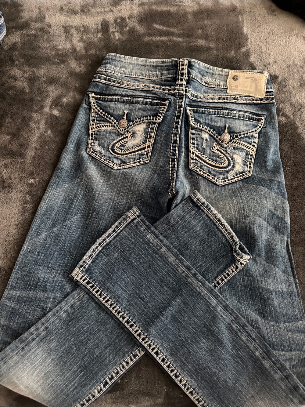 Silver Jeans Women's Distressed Dark Blue Straight Leg Jeans